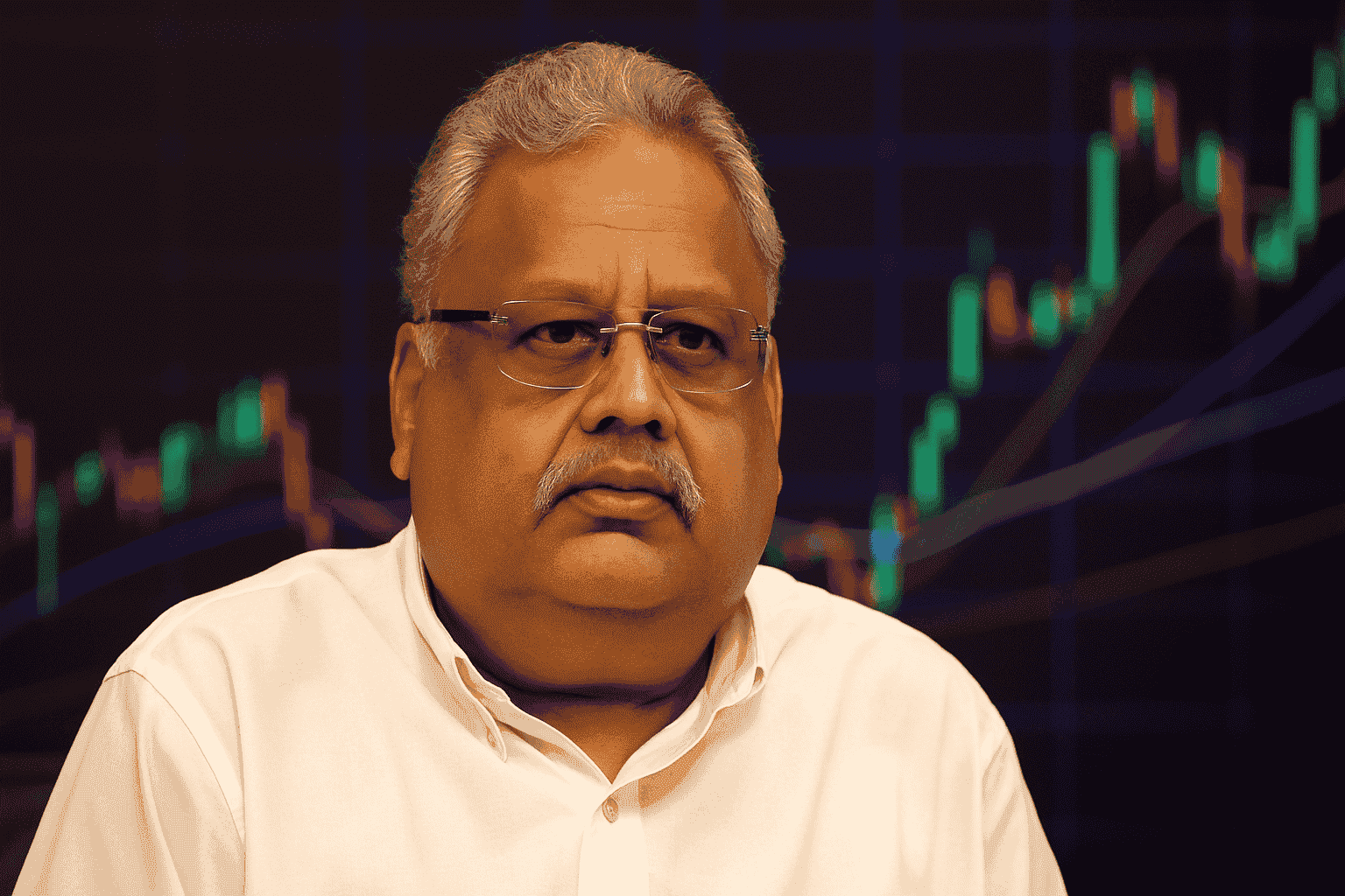 राकेश झुनझुनवाला की तस्वीर स्टॉक मार्केट चार्ट के ब्लर बैकग्राउंड के साथ