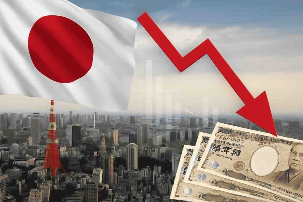 Japan economy facing slowdown in 2025 with falling GDP, Tokyo skyline, Japanese yen and downward arrow indicating financial decline