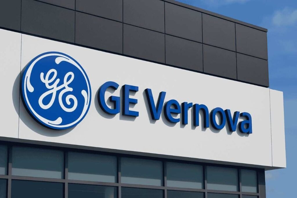 GE Vernova का लोगो एक आधुनिक इमारत पर लगा हुआ है, साफ नीले आसमान के साथ।