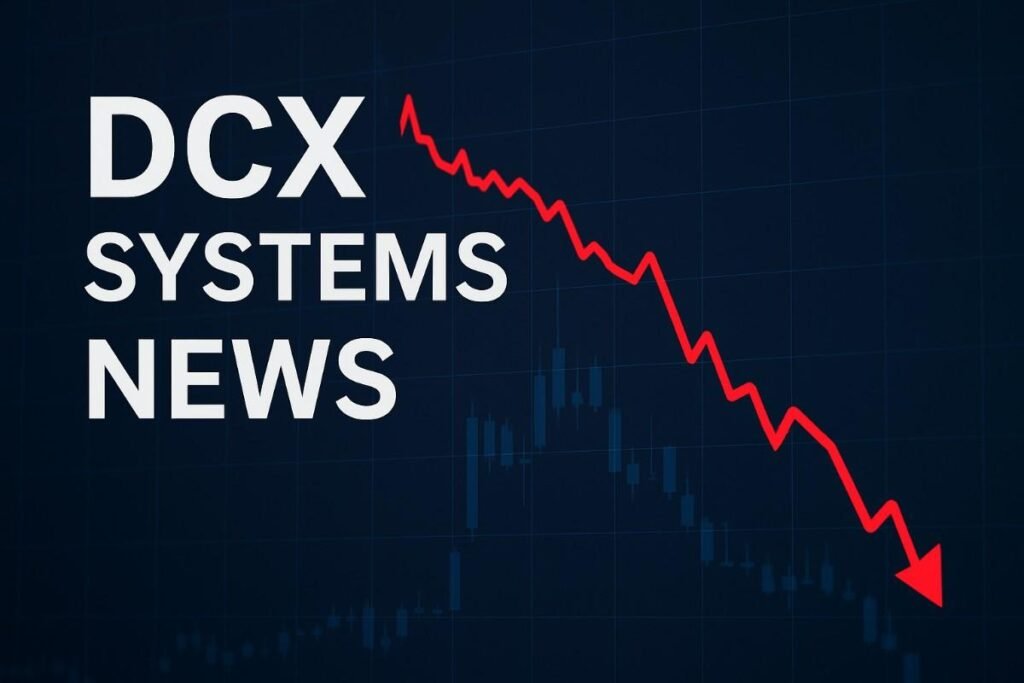 A digital financial chart showing sharp downward trend representing DCX Systems stock price drop after weak Q4 earnings