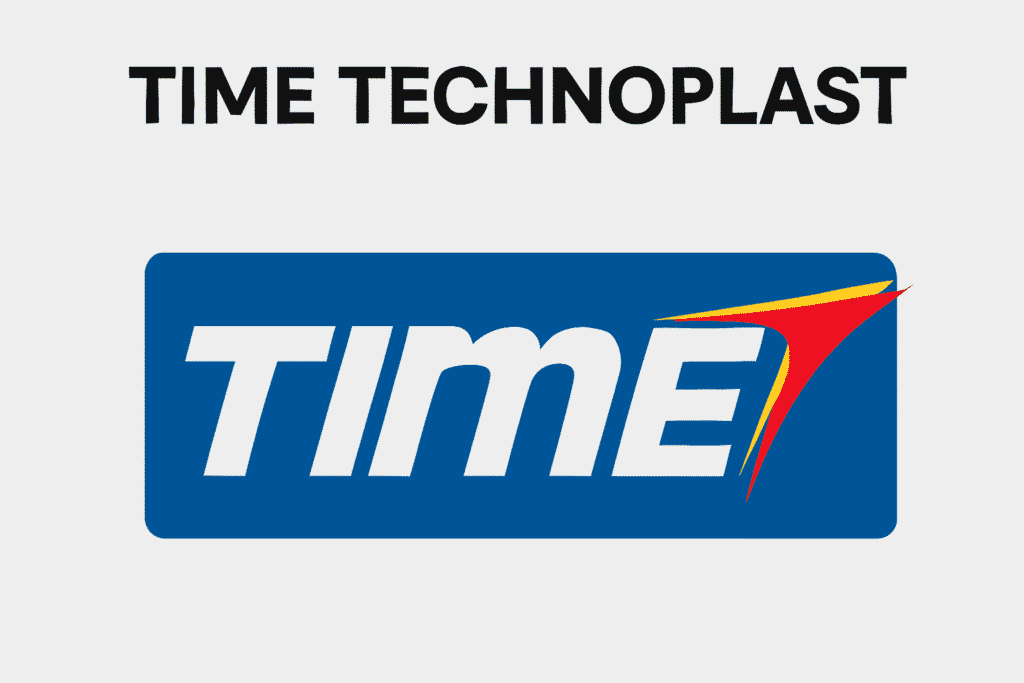 Time Technoplast का आधिकारिक लोगो नीले बैकग्राउंड पर, जो कंपनी की ब्रांड पहचान को दर्शाता है।