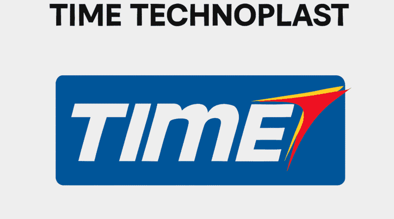 Time Technoplast का आधिकारिक लोगो नीले बैकग्राउंड पर, जो कंपनी की ब्रांड पहचान को दर्शाता है।