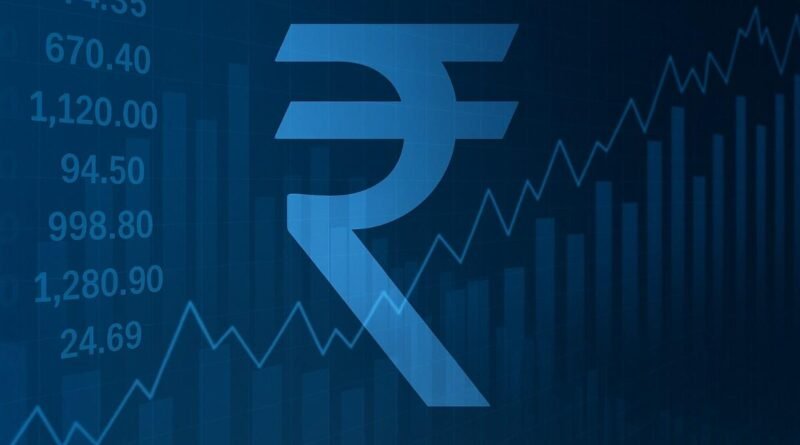 भारतीय शेयर बाजार में निवेश को दर्शाती डिजिटल ग्राफिक जिसमें रुपये का प्रतीक और फाइनेंशियल चार्ट दिखाई दे रहे हैं