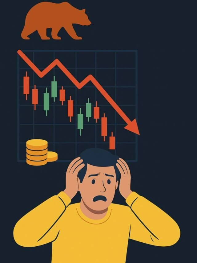 "Stock Market में Emotional Mistakes पर Hindi Web Story का Cover Image जिसमें Trader सोचते हुए दिख रहा है"
