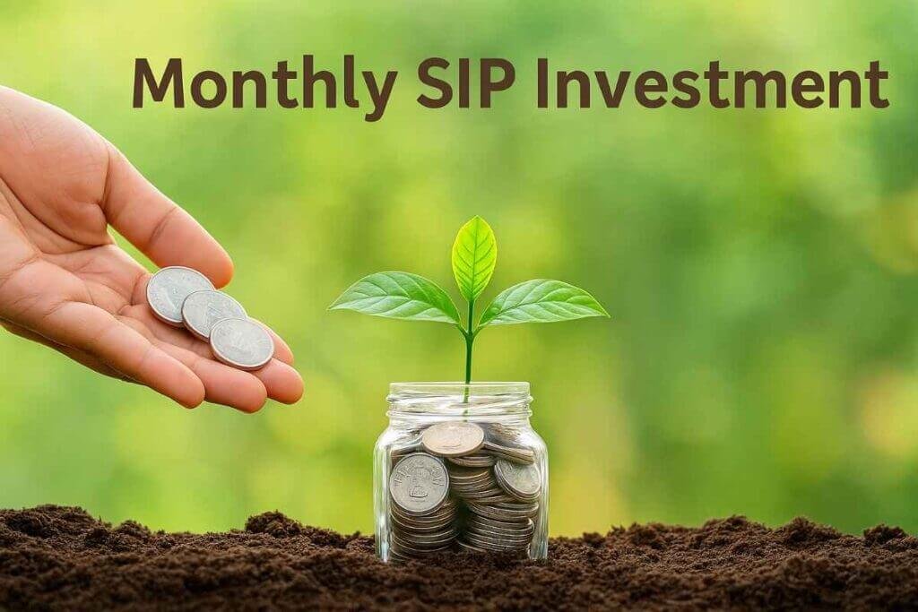 Monthly SIP Investment Guide ग्राफिक जिसमें दिखाया गया है कि कैसे हर महीने का निवेश ₹5 करोड़ का फंड बना सकता है