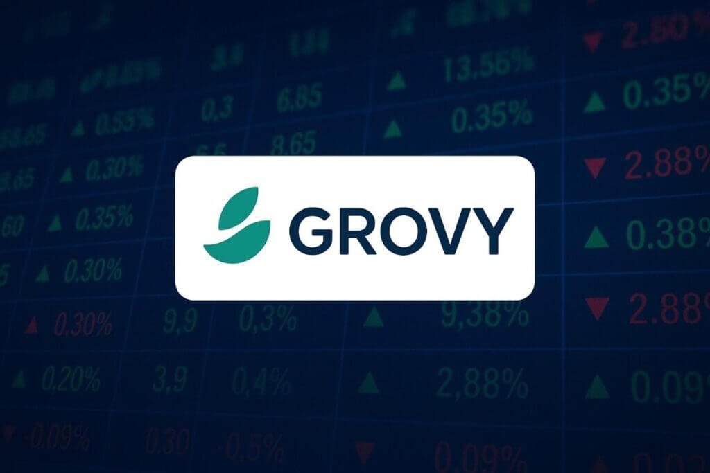 Grovy India logo with stock market background after 7% share price surge