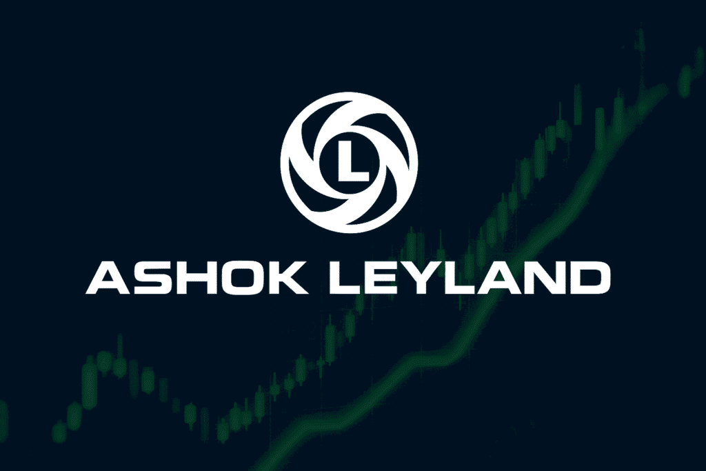 Ashok Leyland Share Price रिकॉर्ड हाई पर, कंपनी का लोगो और स्टॉक मार्केट ग्राफ विजुअल